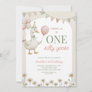 Pink Silly Goose 1st Birthday Party Invitation