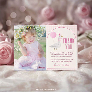 Pink Silly Goose Cute Balloon Girl Birthday Photo Thank You Card