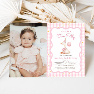 Pink Silly Goose Daisy Gingham 2nd Birthday Photo Invitation