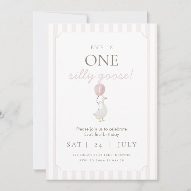 Pink Silly Goose First Birthday Invitation (Front)