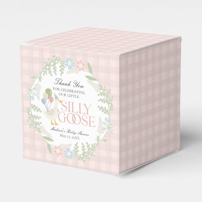 Pink Silly Goose Floral Gingham Baby Shower Favour Box (Front Side)