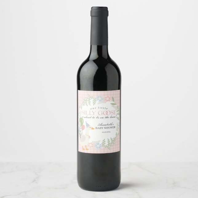 Pink Silly Goose Floral Gingham Baby Shower Favour Wine Label (Front)