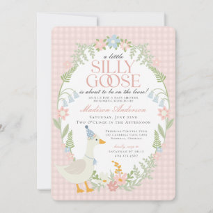 Pink Silly Goose Floral Gingham Baby Shower Invitation