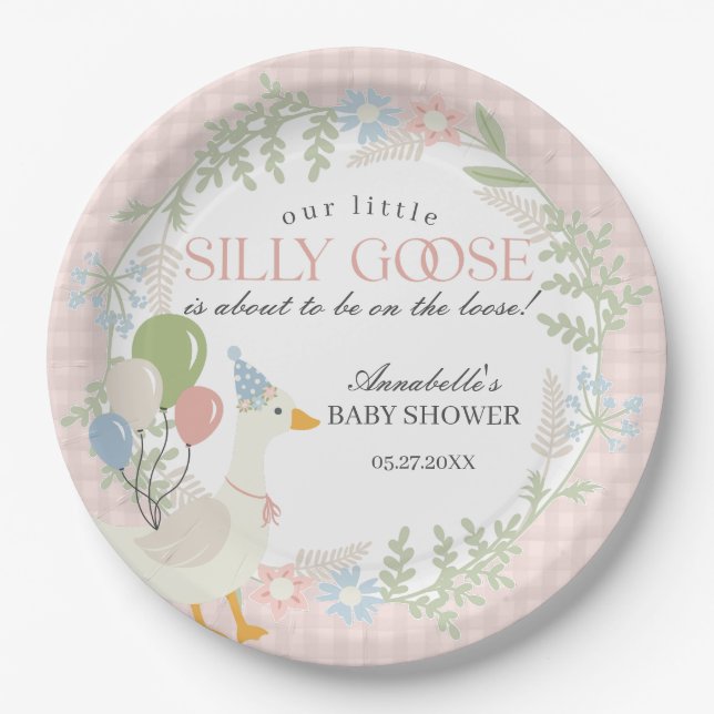 Pink Silly Goose Floral Gingham Baby Shower Paper Plate (Front)
