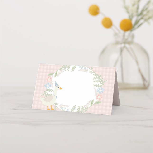 Pink Silly Goose Floral Gingham Baby Shower Place Card (Front)