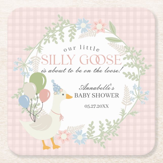 Pink Silly Goose Floral Gingham Baby Shower Square Paper Coaster (Front)