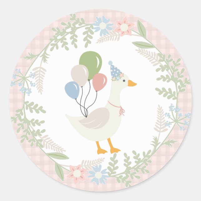 Pink Silly Goose Floral Gingham Favours Classic Round Sticker (Front)