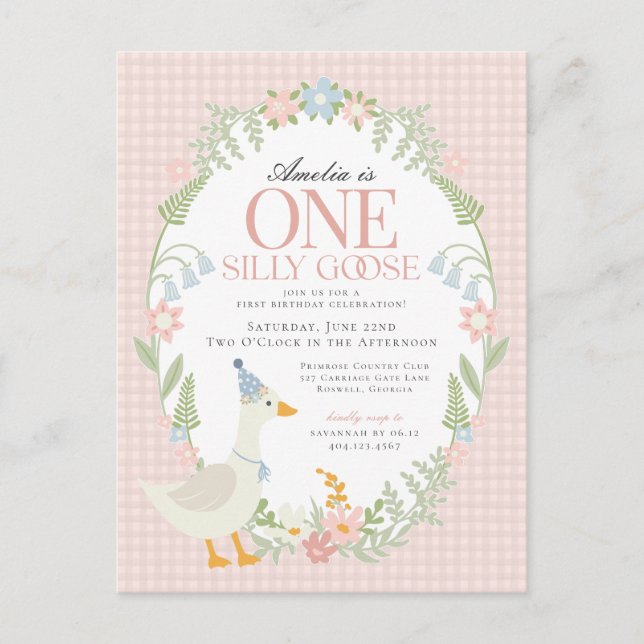 Pink Silly Goose Floral Gingham First Birthday Postcard (Front)