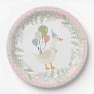 Pink Silly Goose Floral Gingham Paper Plate
