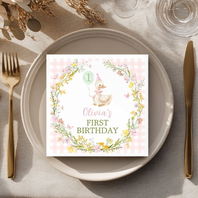 Pink Silly Goose Floral Girl Birthday Napkin (Creator Uploaded)