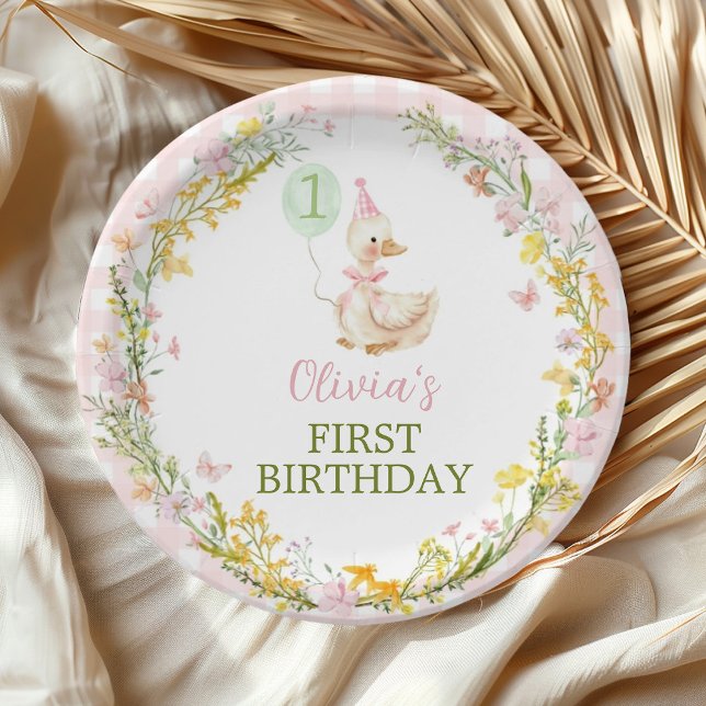 Pink Silly Goose Floral Girl Birthday Paper Plates (Creator Uploaded)