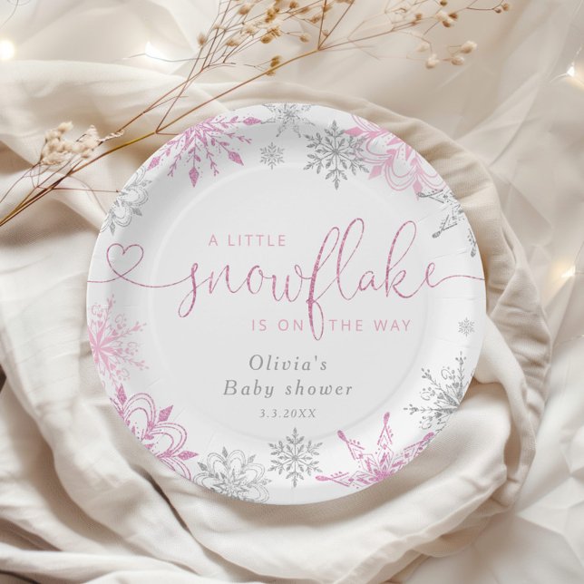 Pink silver A little snowflake baby shower Paper Plate (Creator Uploaded)