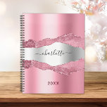 Pink silver agate marble name 2024 planner<br><div class="desc">Blush pink and faux silver metal and agate,  marble stone print as background.  Personalise and add your name. The name is written with a modern hand lettered style script.</div>
