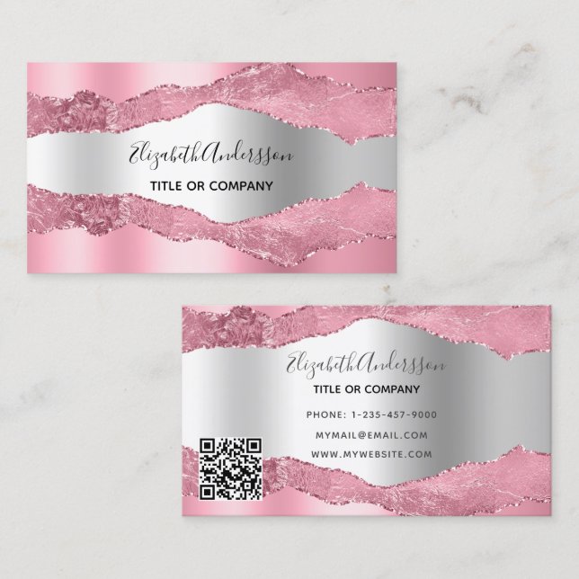 Pink silver agate marble QR code  Business Card (Front/Back)