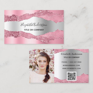 Pink silver agate marble QR code photo Business Card