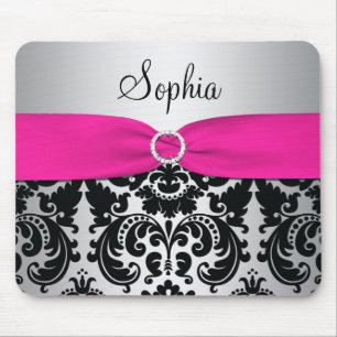 Pink, Silver, and Black Damask Mousepad