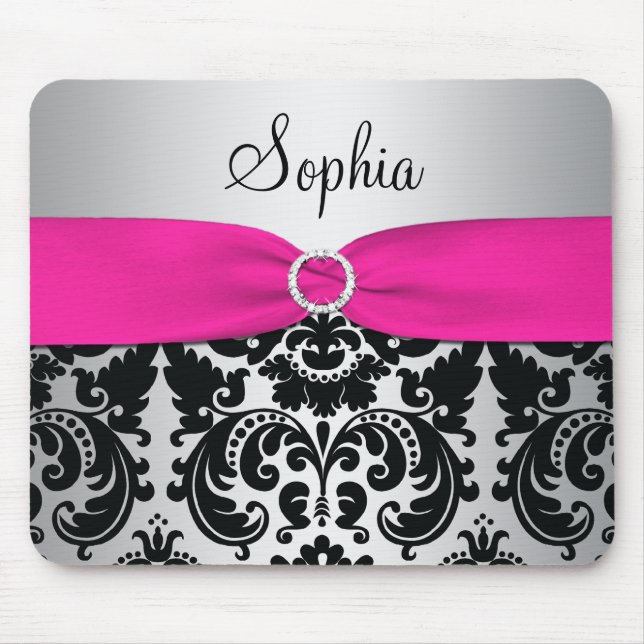Pink, Silver, and Black Damask Mousepad (Front)