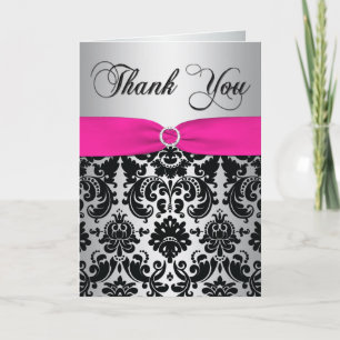 Pink, Silver, and Black Damask Thank You Card