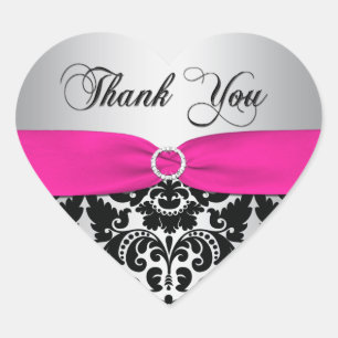 Pink, Silver, and Black Damask Thank You Sticker