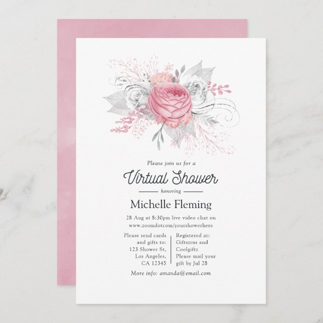 Pink, Silver and White Floral Virtual Shower Invitation (Front/Back)
