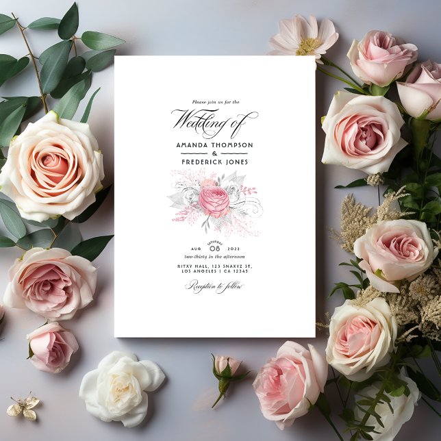Pink, Silver and White Floral Wedding Invitation (Creator Uploaded)