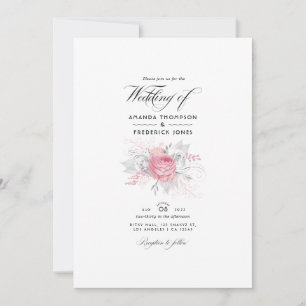 Pink, Silver and White Floral Wedding Invitation