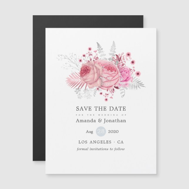 Pink Silver and White Floral Wedding Save the Date Magnetic Invitation (Front/Back)