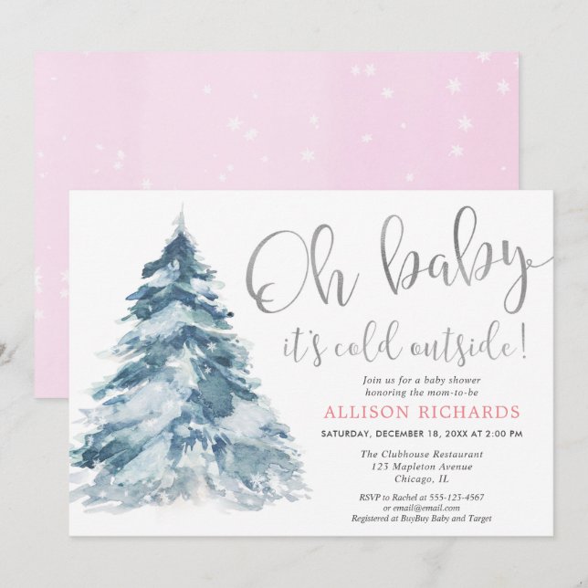 Pink silver Baby its cold outside girl baby shower Invitation (Front/Back)