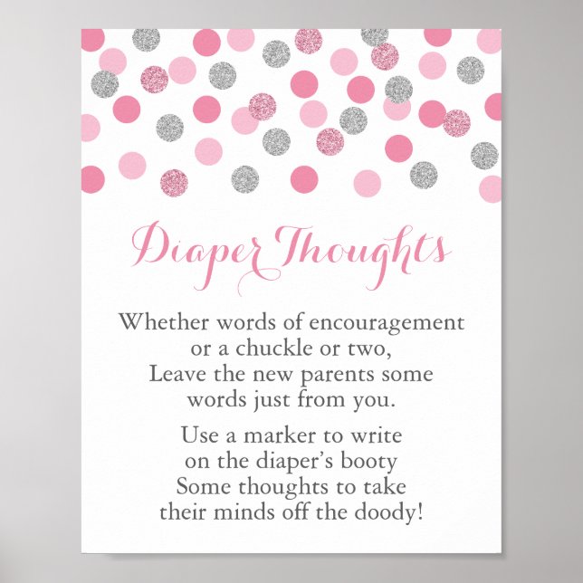 Pink Silver Baby Shower Diaper Thoughts Game Sign (Front)