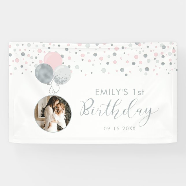 Pink & Silver Balloon 1st Birthday Photo Banner (Horizontal)