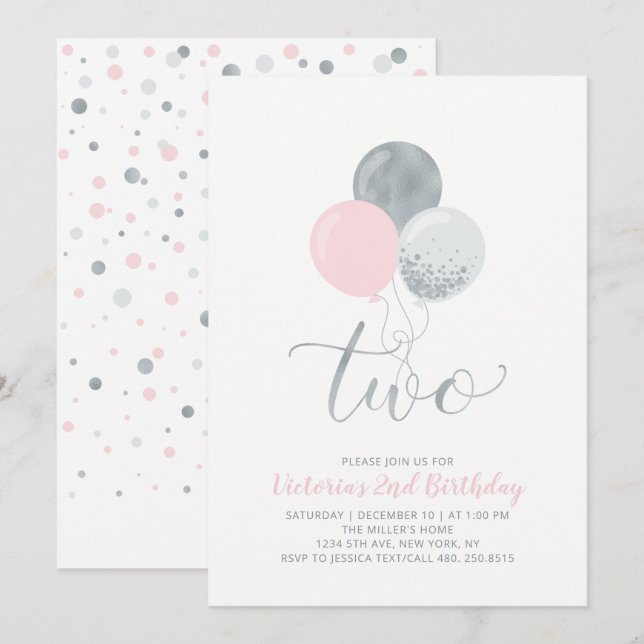Pink & Silver Balloons | Girl 2nd Birthday Party Invitation (Front/Back)
