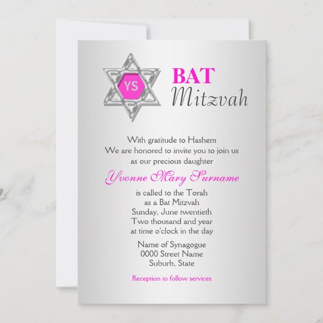 Pink silver bat mitzvah celebrations invitation (Front)