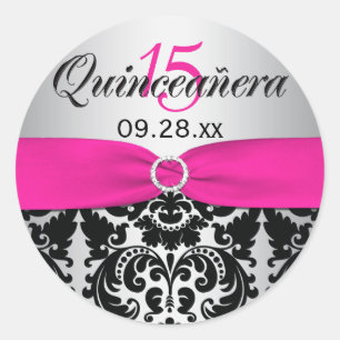 Pink, Silver, Black Damask Quinceanera Sticker