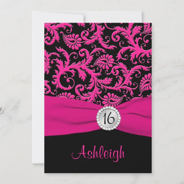 Pink, Silver, Black Damask Sweet 16 Invitation (Front)