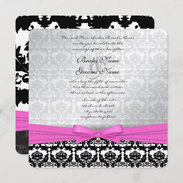 Pink Silver & Black Damask Swirls Wedding Invite (Front/Back)