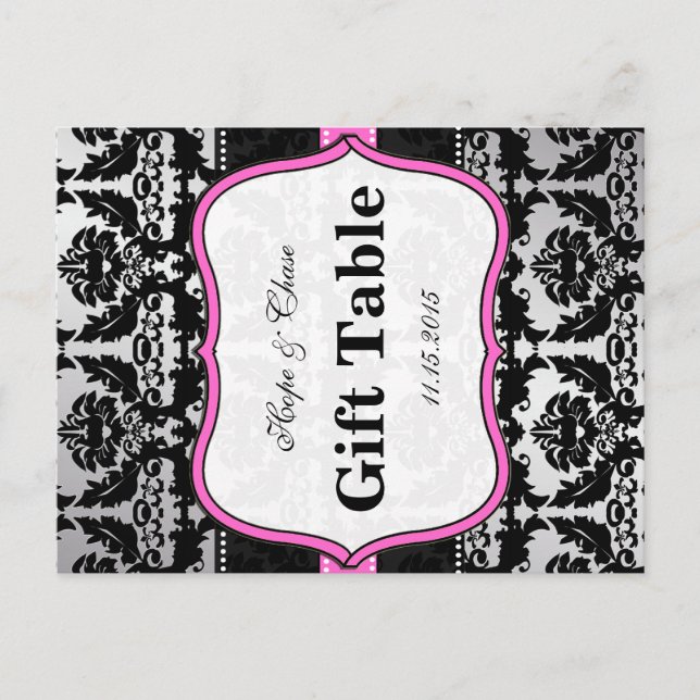 Pink Silver & Black Damask Table Number Cards (Front)