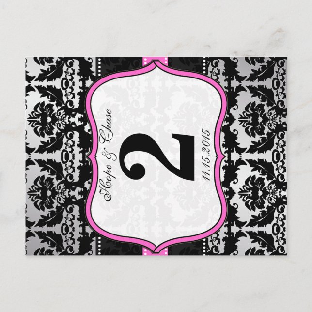 Pink Silver & Black Damask Table Number Cards (Front)