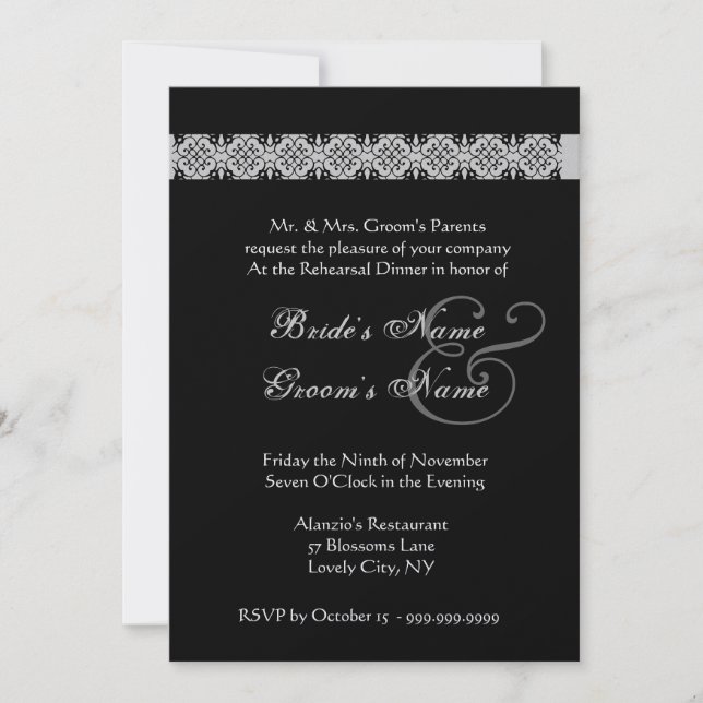 PINK SILVER BLACK Rose Rehearsal Dinner Invitation (Front)