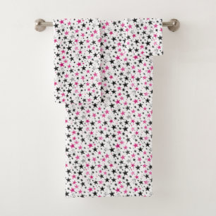  Pink Silver Black Stars  Bath Towel Set