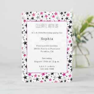 Pink Silver Black Stars Birthday Invitation