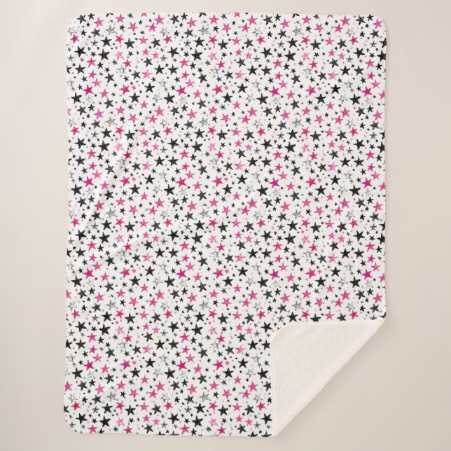 Pink Silver Black Stars Sherpa Blanket (Front)