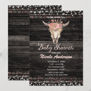 Pink & Silver Boho Floral Skull Rustic Baby Shower Invitation