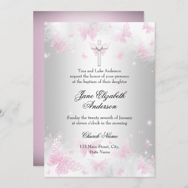 Pink Silver Butterfly Cross Baptism Invite (Front/Back)