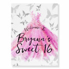 Pink Silver Butterfly Dance Sweet 16 Welcome Sign