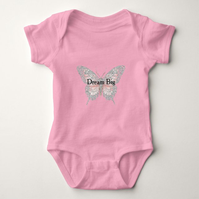 Pink Silver Butterfly Personalized Baby Bodysuit (Front)