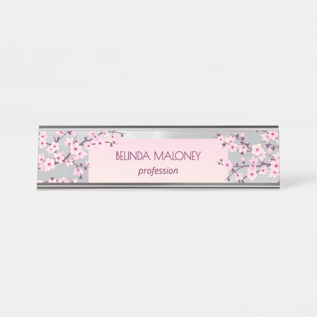 Pink Silver Cherry Blossom Desk Name Plate (Front)