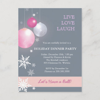 Pink, Silver Christmas Balls Dinner Party Invitation Postcard