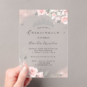 Pink Silver Clear Acrylic Floral Quinceanera Invitations