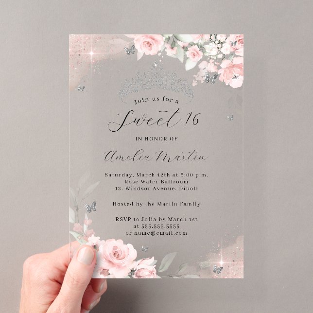 Pink Silver Clear Acrylic Floral Sweet 16  Invitations (Insitu (Handheld))