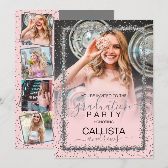 Pink Silver Confetti Border Photo Graduation Invitation (Front/Back)